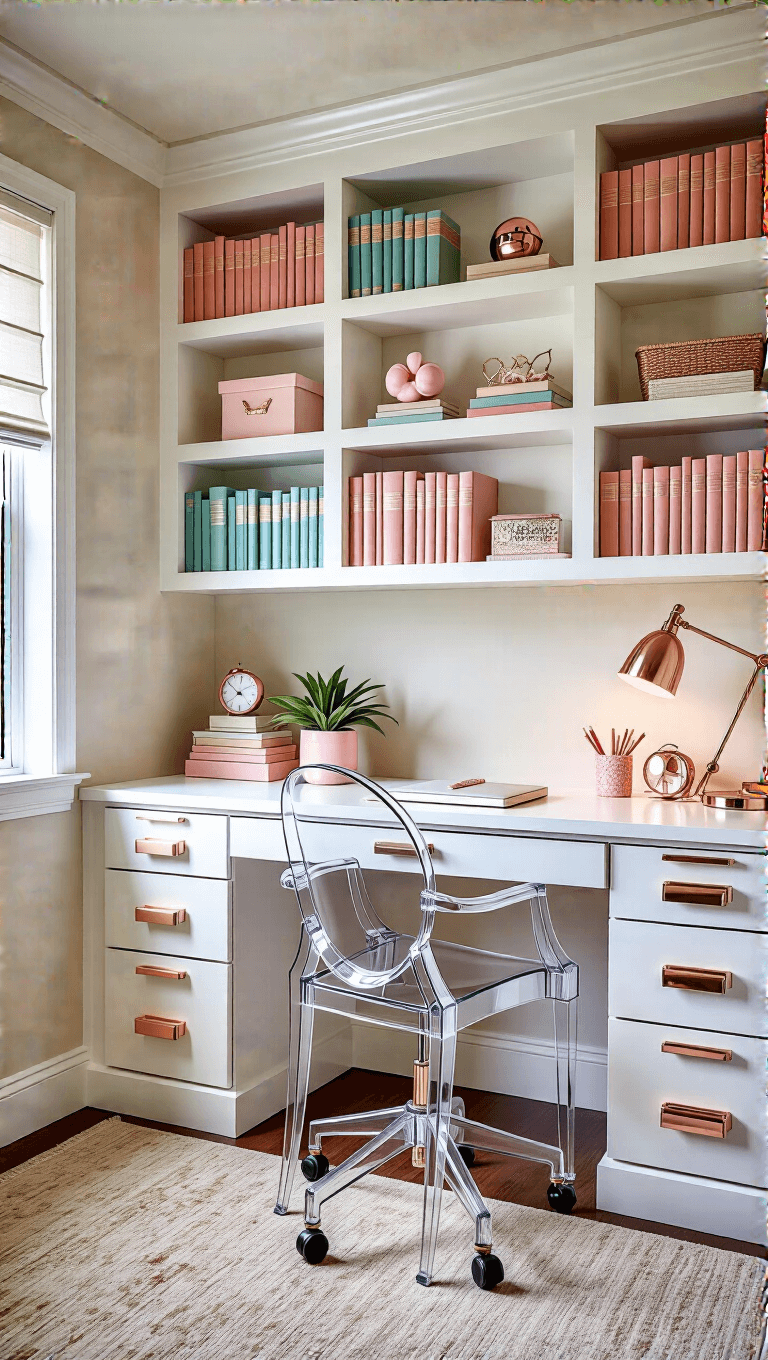 Whimsical home office with color-coordinated bookshelves, lucite chair, rose gold desk accessories, and diffused afternoon light.