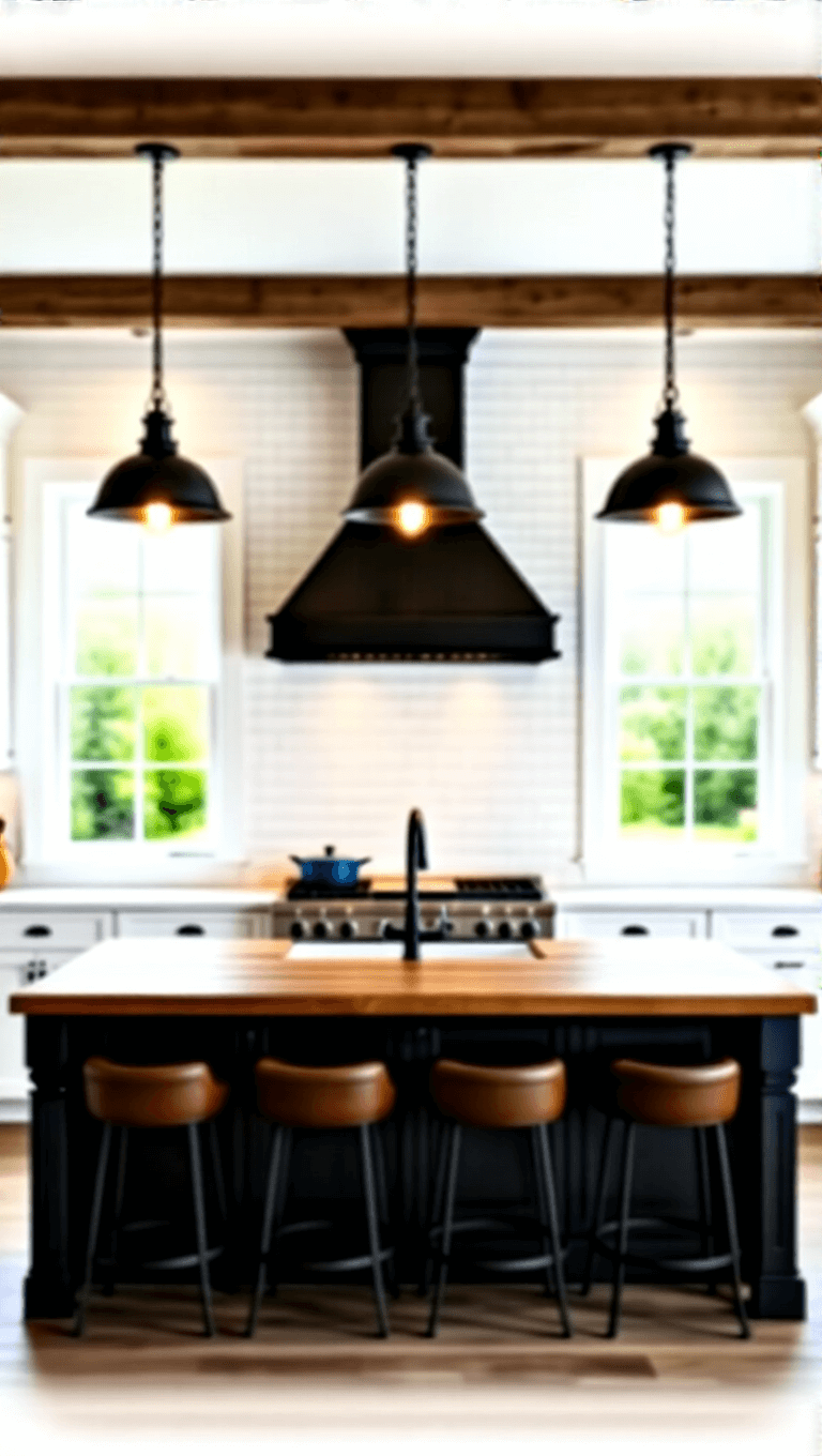 Transforming Spaces: The Ultimate Small Barn House Style Guide Spacious 16x20ft kitchen with high ceilings, exposed wooden beams, white shaker cabinets, black range hood, industrial pendant lights, a large farmhouse sink overlooking a garden, and an island with a butcher block top and barstools. Natural and artificial lighting accentuates the clean lines and textures.