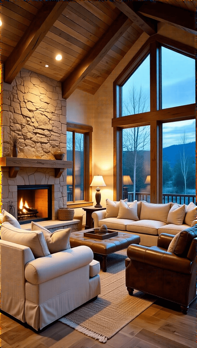 Transforming Spaces: The Ultimate Small Barn House Style Guide Cozy living room at dusk with vaulted ceiling, wooden beams, plush sectional, stone fireplace, vintage leather armchair and ottoman, with warm table lamp lighting.