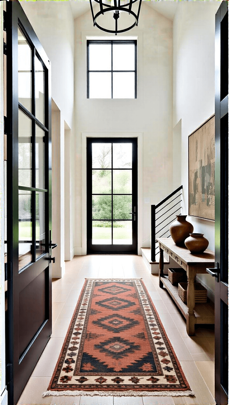 Transforming Spaces: The Ultimate Small Barn House Style Guide Transitional 8x12ft entryway with 12ft high ceiling, oversized black steel and glass door, vintage runner leading to staircase with cable rail system, and console table showcasing pottery collection.