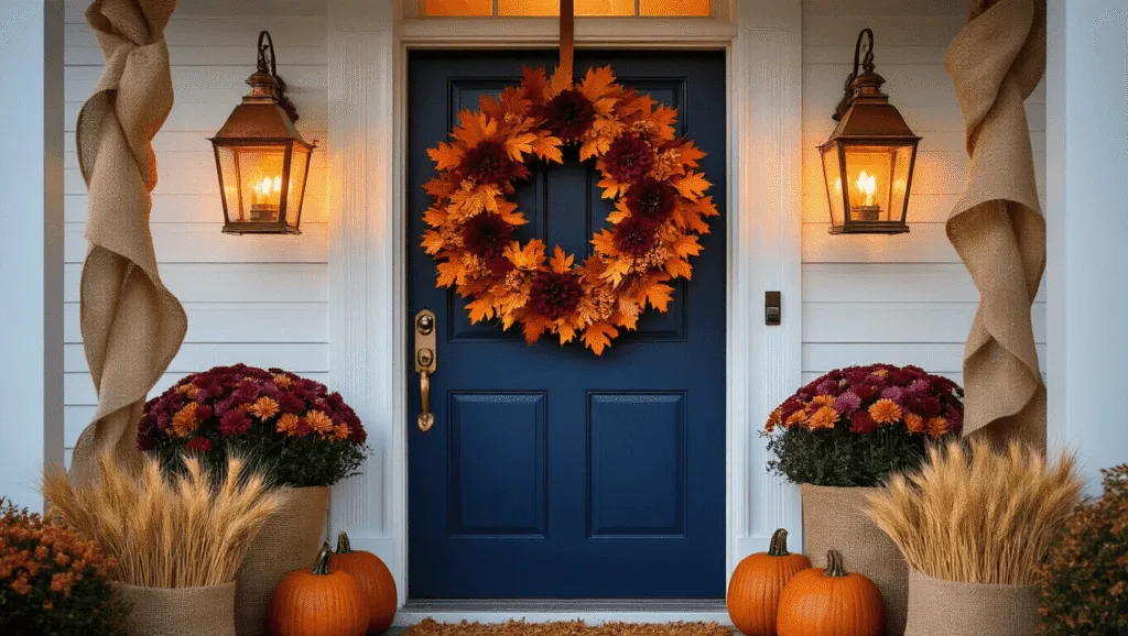 "Colonial navy blue door adorned with an autumn wreath, flanked by copper lanterns during golden hour"