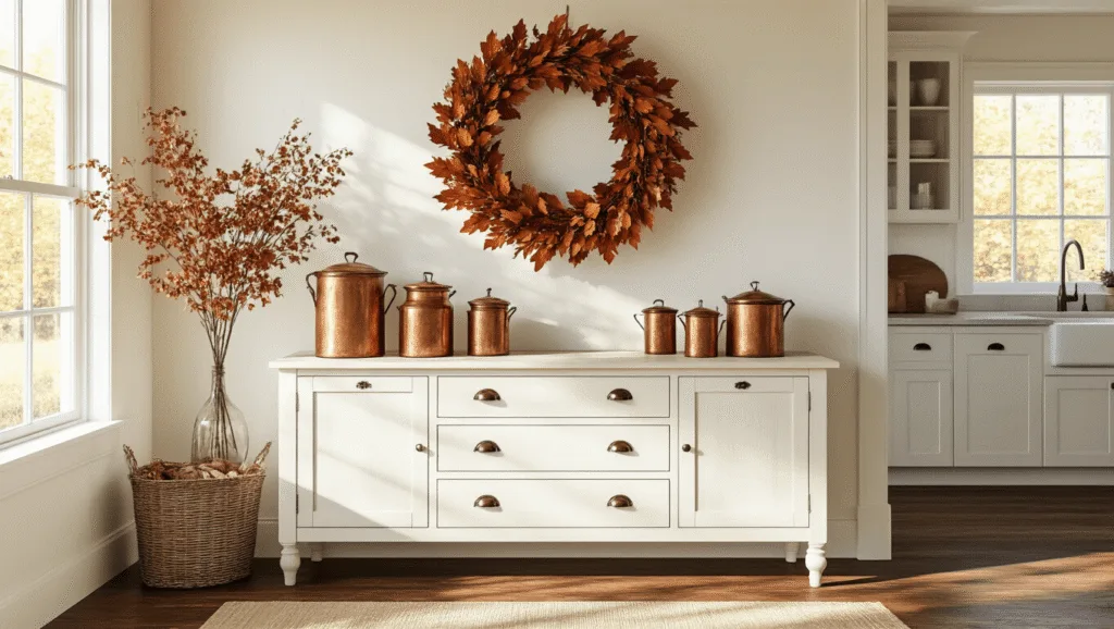"Autumn wreath and vintage copper vessels on a white sideboard in a sunny farmhouse kitchen with cream walls and walnut flooring"