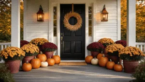 "Farmhouse porch at golden hour adorned with wheat wreath, vintage lanterns, heirloom pumpkins and mums in terracotta planters"