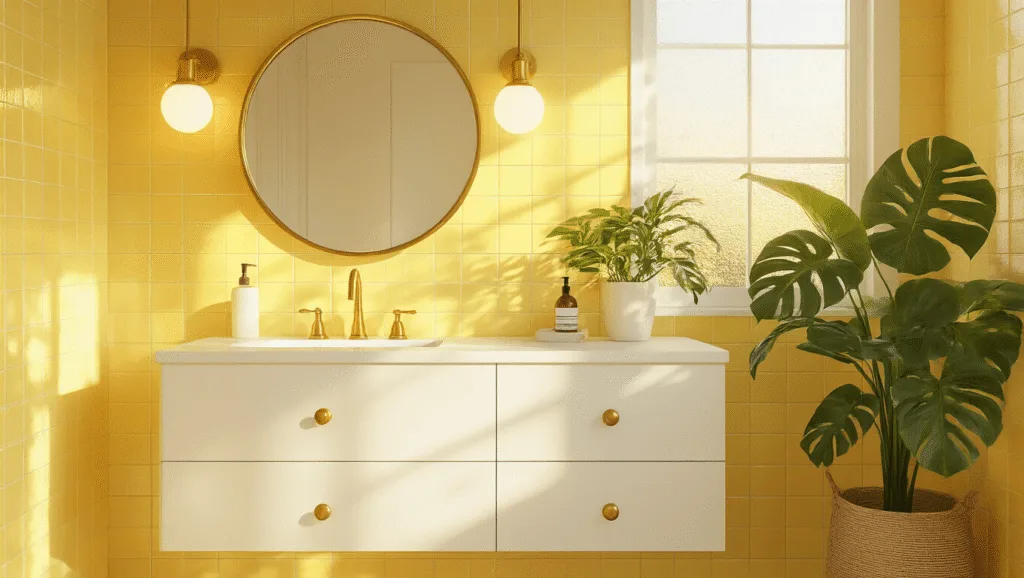 "Crisp white vanity with brass hardware in a cheerful yellow tiled bathroom featuring a monstera plant and warm golden hour sunlight"