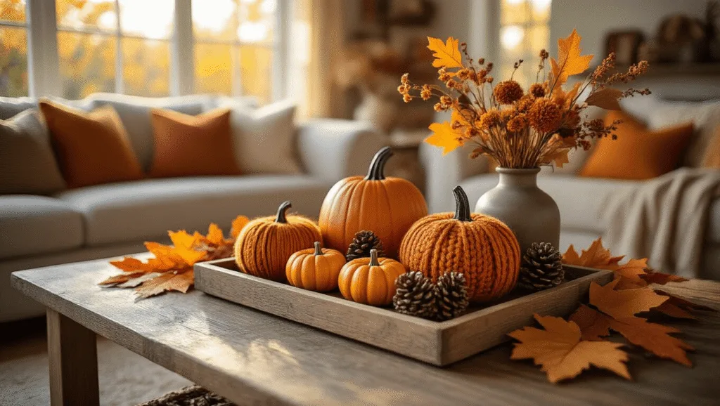 "Cozy autumn-themed living room with DIY decor including yarn-wrapped pumpkins, felt leaf garlands, and a rustic coffee table centerpiece with mini pumpkins, dried flowers, and pinecones bathed in golden hour light."