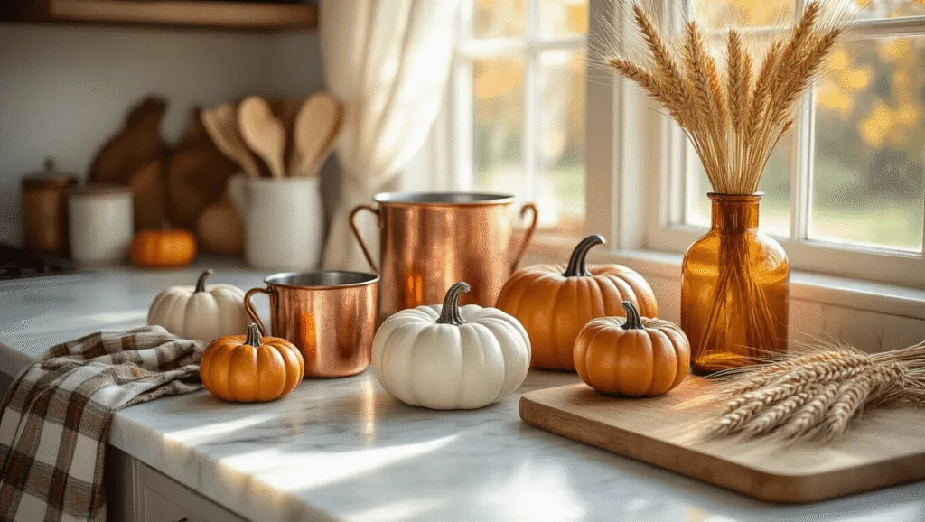 Cozy Fall Kitchen Decor: Transform Your Space in Just 2 Hours "Cozy autumn kitchen with ceramic pumpkins, copper measuring cups, and dried wheat stalks on a white marble countertop in soft morning light"