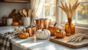 "Cozy autumn kitchen with ceramic pumpkins, copper measuring cups, and dried wheat stalks on a white marble countertop in soft morning light"
