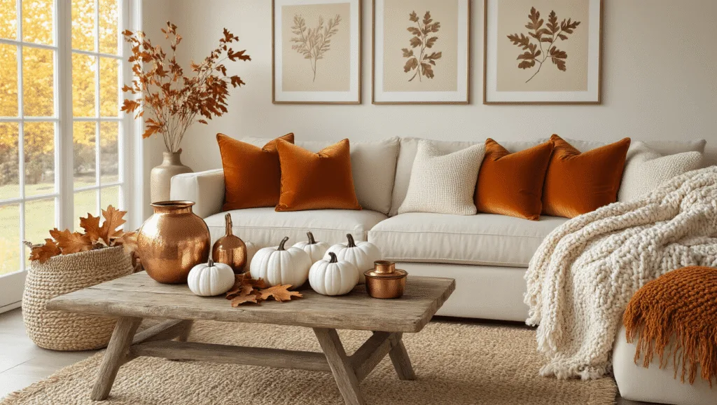 "Cozy living room with oatmeal sectional, burnt orange pillows, knit throws, white ceramic pumpkins, copper accents, and golden hour lighting"