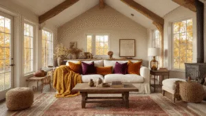 "Cozy living room with golden hour lighting, rustic wooden beams, a cream linen sofa with burnt orange and plum pillows, mustard yellow throw, vintage rugs, and a copper lantern on a reclaimed wood table."