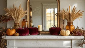 "Fall mantle decor with vintage mirror, velvet pumpkins, amber glass candlesticks, and dried botanicals on a limestone fireplace"
