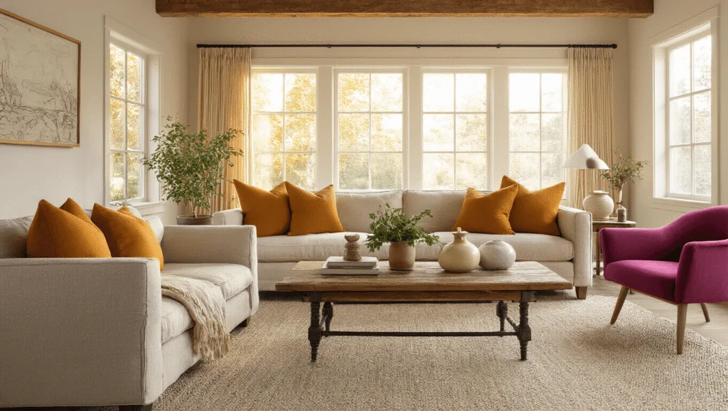 "Cozy fall living room with burnt orange and mustard pillows on oatmeal linen sofa, warm light streaming through windows, wooden beams, reclaimed coffee table and magenta accent chair"