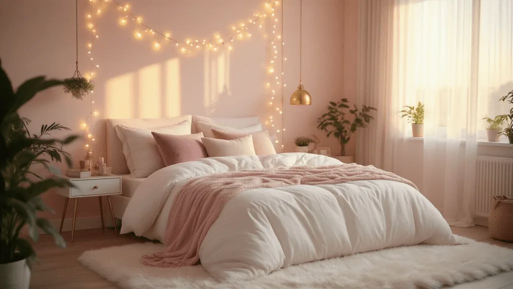 "Dreamy bedroom interior with pastel pink walls, white bed with velvet cushions, fairy lights, brass accents, and warm golden hour lighting"
