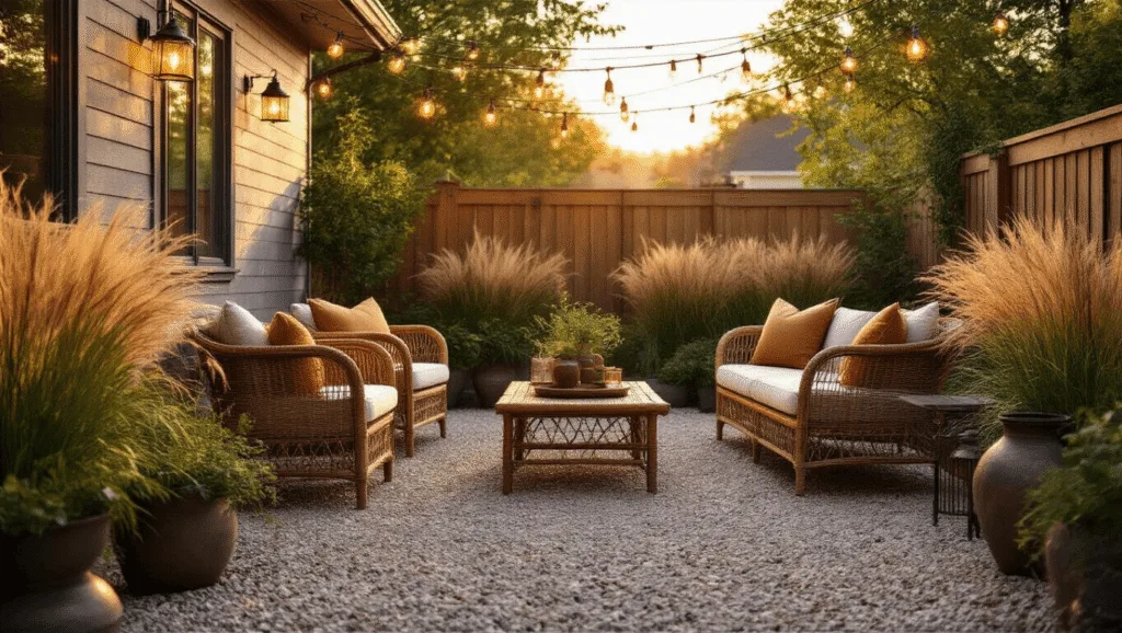 "Vintage rattan furniture on a gravel patio during golden hour with string lights overhead"