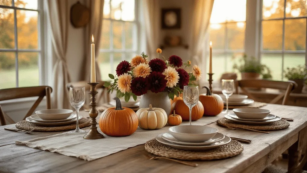 Create a Warm and Inviting Fall Dining Table: Your Ultimate Styling Guide "Rustic farmhouse dining table decorated with pumpkins, dahlias, brass candlesticks, and vintage china in warm autumn light"