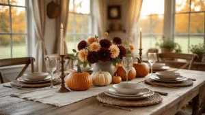 "Rustic farmhouse dining table decorated with pumpkins, dahlias, brass candlesticks, and vintage china in warm autumn light"