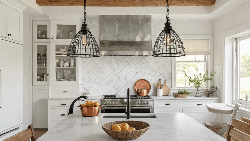 "Farmhouse kitchen with black metal wire cage pendants, vintage copper pots, natural sunlight, white shaker cabinets, marble countertops, herringbone backsplash, and warm ambient lighting"