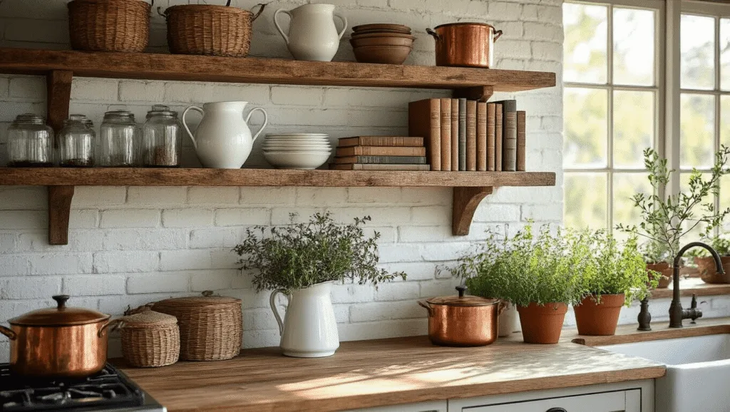 Farmhouse Kitchen Shelf Ideas: Transform Your Space with Rustic Charm "Reclaimed wooden shelves in a farmhouse kitchen displaying vintage cookbooks, ironstone pitchers, copper cookware and fresh herbs, bathed in natural morning light."