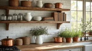 "Reclaimed wooden shelves in a farmhouse kitchen displaying vintage cookbooks, ironstone pitchers, copper cookware and fresh herbs, bathed in natural morning light."
