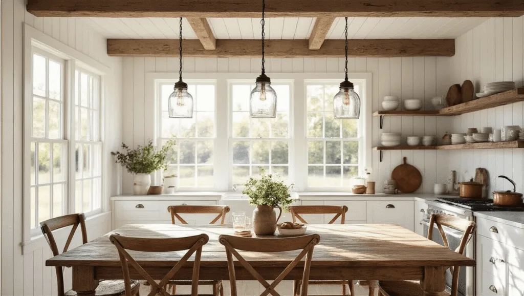 "Sunny farmhouse kitchen dining area with wooden beams, mason jar pendant lights, and reclaimed wood table"