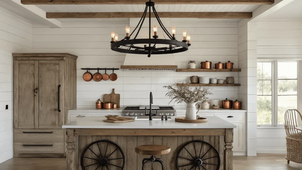 Farmhouse Kitchen Light Fixture Ideas: Transform Your Space with Rustic Charm "Warmly lit farmhouse kitchen with black iron wagon wheel chandelier, Edison bulbs, weathered oak island, white shiplap walls, and decorative copper pots and dried herbs."