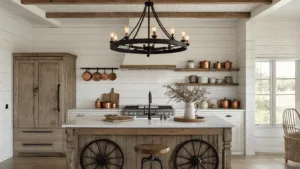 "Warmly lit farmhouse kitchen with black iron wagon wheel chandelier, Edison bulbs, weathered oak island, white shiplap walls, and decorative copper pots and dried herbs."