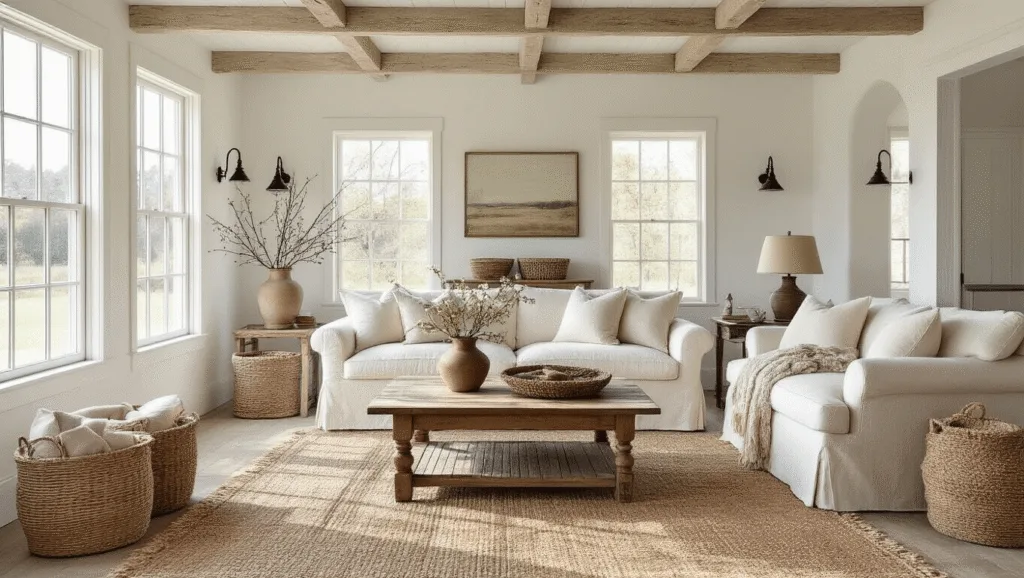 "Bright farmhouse living room with white beams, cream sofa, vintage decor, rustic textures, and sunlit atmosphere."