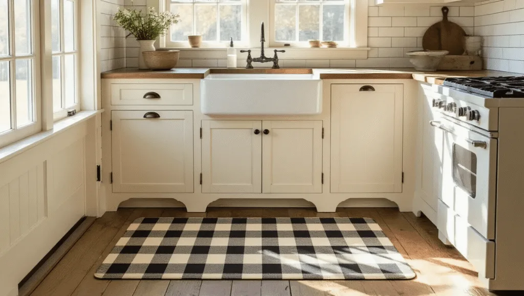 "Buffalo plaid anti-fatigue mat in a farmhouse kitchen with cream cabinets, vintage sink, and white oak floors bathed in morning light."