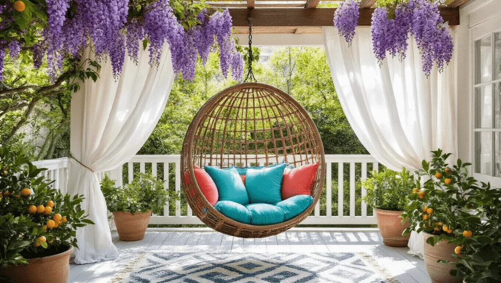 "Sunny garden nook with wisteria-covered pergola, hanging rattan chair, white curtains, and a deck with citrus trees"
