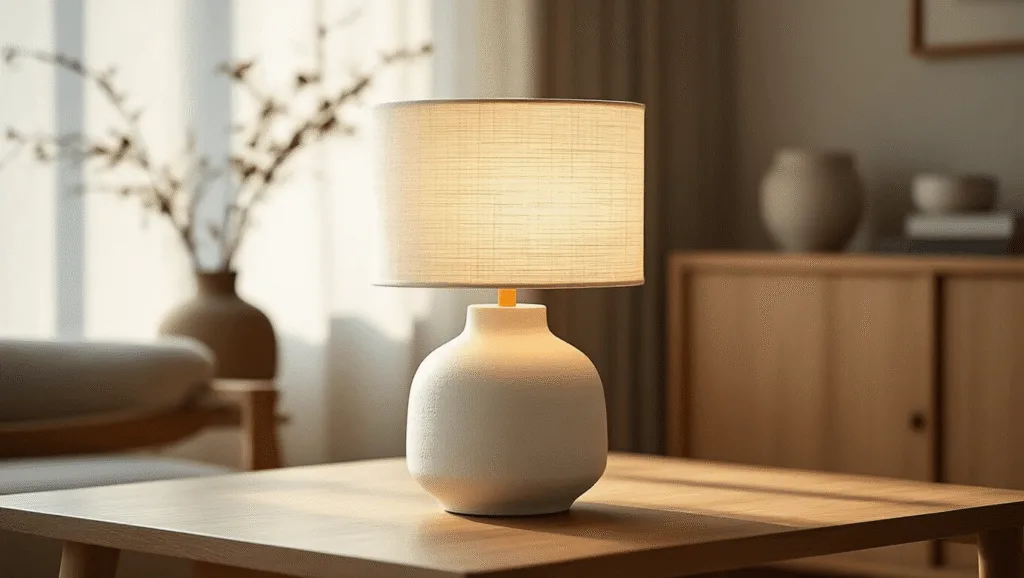 Japandi Lamps: Illuminate Your Space with Minimalist Zen Elegance "Minimalist ceramic table lamp with washi paper shade in a serene room with oak furniture during golden hour"