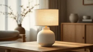 "Minimalist ceramic table lamp with washi paper shade in a serene room with oak furniture during golden hour"