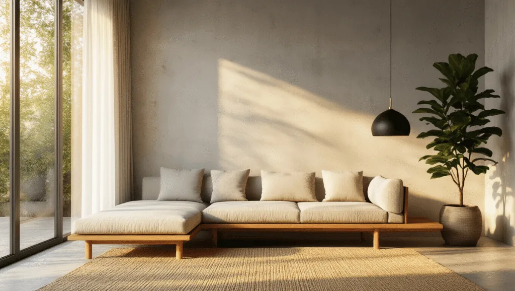 "Minimalist Japandi-style living room with teak sofa, jute rug, concrete wall and fiddle leaf fig plant illuminated by golden sunlight"