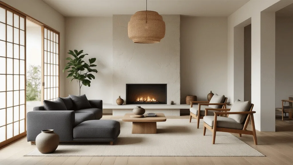 "Serene Japandi-style living room with minimalist design, natural light and neutral colors"