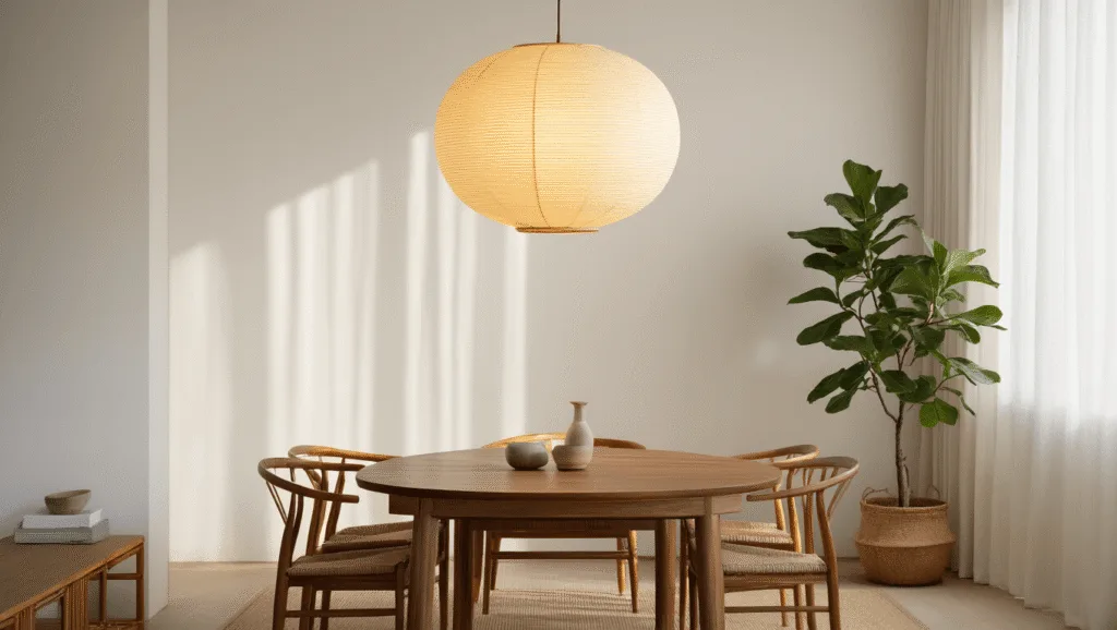 "Serene Japandi styled dining room with large rice paper pendant light, walnut table, and minimalist decor"
