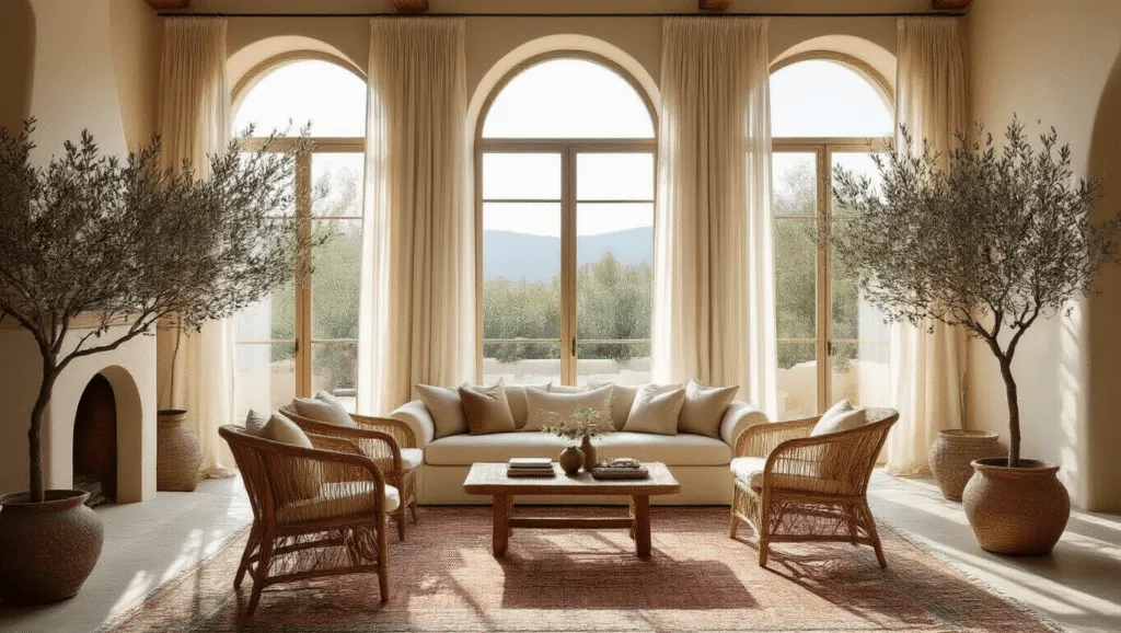 New Mediterranean Design: Transform Your Home with Sun-Soaked Elegance "Mediterranean style living room with sun-drenched arched windows, cream sofa, rattan chairs, Moroccan rugs, ceramic fireplace, and olive trees"