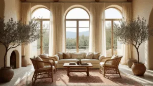 "Mediterranean style living room with sun-drenched arched windows, cream sofa, rattan chairs, Moroccan rugs, ceramic fireplace, and olive trees"