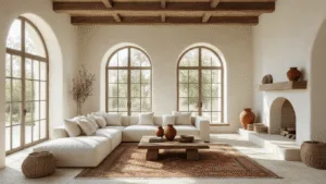 "Mediterranean style living room with arched windows, cream sectional, rustic wood coffee table, terracotta vessels, and whitewashed walls in sunlit room"