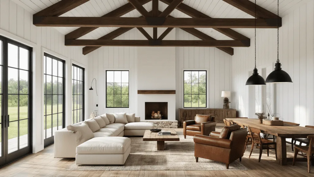 Transforming Spaces: The Ultimate Small Barn House Style Guide "Interior of a modern barn house with vaulted ceilings, exposed beams, white walls, leather furniture, natural light, and stone fireplace"