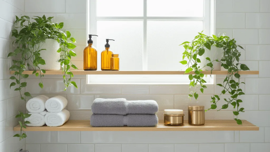 "Modern minimalist bathroom with white bamboo shelves, rolled grey towels, amber glass containers, potted plants, brass accents, and morning light against white tile"