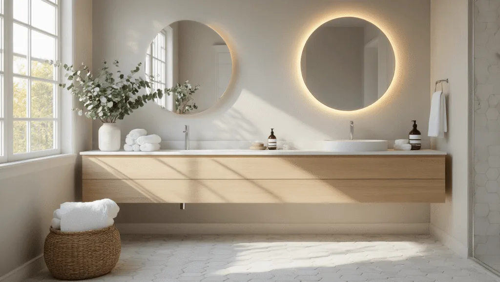 "Modern bathroom with white oak vanity, hexagonal marble floors, and backlit mirror, styled with eucalyptus springs and fluffy white towels in warm morning light"