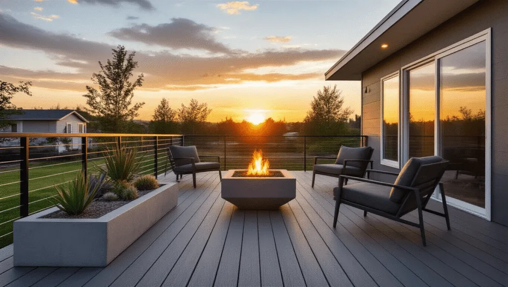 "Modern minimalist deck with sleek furniture and fire bowl during sunset at a mobile home location"