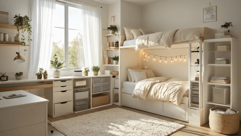"Modern, bright dorm room with lofted bed, minimalist decor, vertical storage, and desk area with hidden cable management"