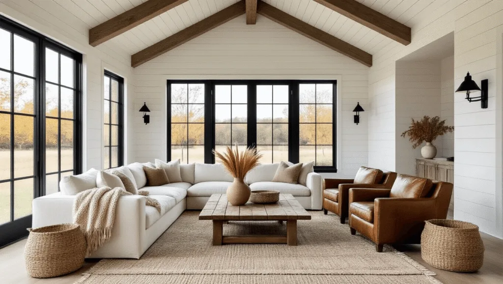 "Modern farmhouse living room with cathedral ceilings, natural light, wooden accents, and warm neutral tones."