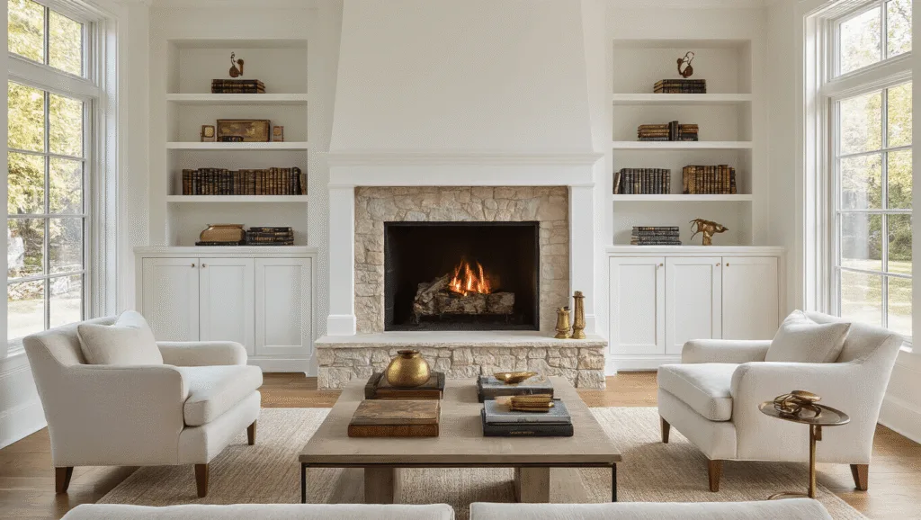 "Sunlit transitional living room with white built-in cabinets, stone fireplace, vintage books, brass decor, and warm oak floors"