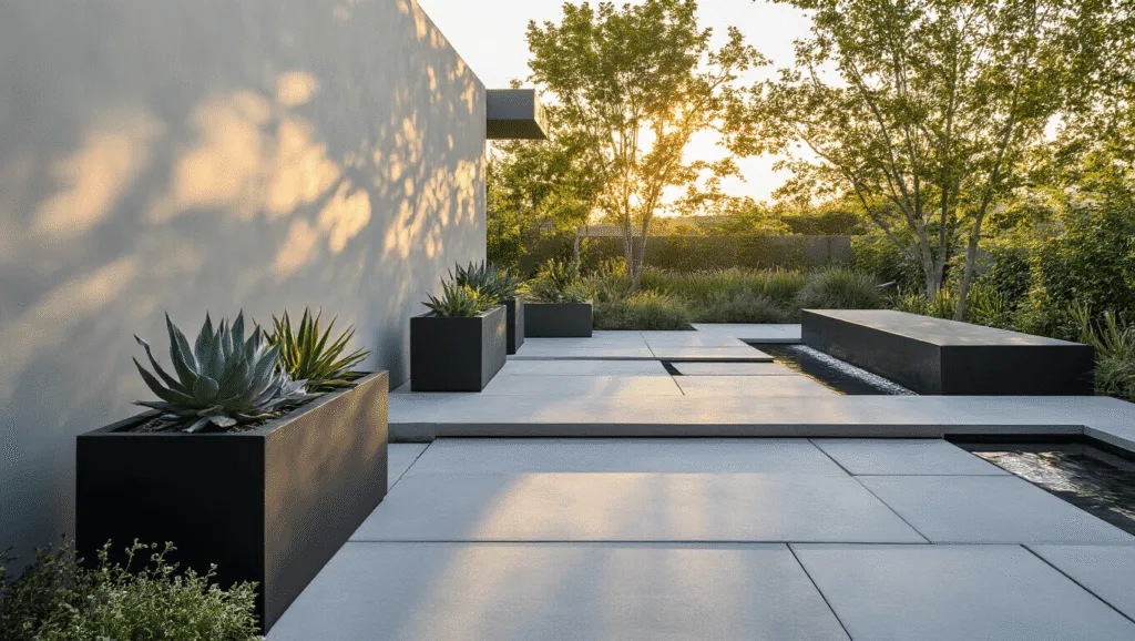"Modern minimalist garden terrace with geometric concrete pavers and black planters with succulents at sunset"