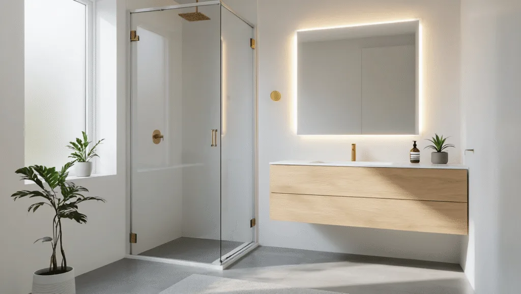 "Small modern bathroom with floating white oak vanity, frameless glass shower, LED mirror and brass fixtures"