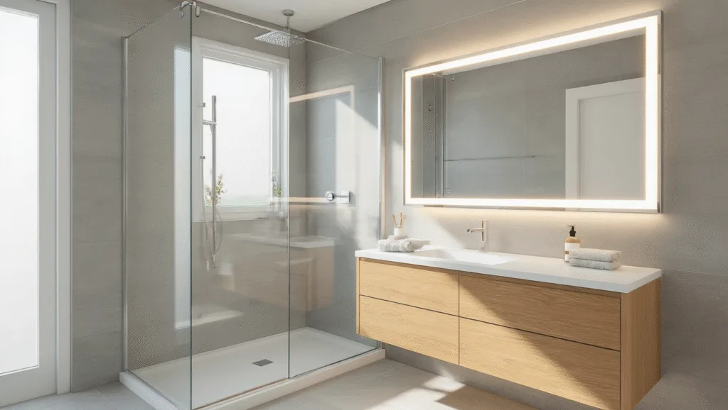 "Modern minimalistic bathroom with frameless glass shower, floating vanity, and LED lighting in morning light"
