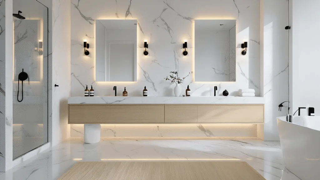 "Bright minimalist bathroom with white marble tiles, white oak vanity, black fixtures, and multiple sources of LED lighting"