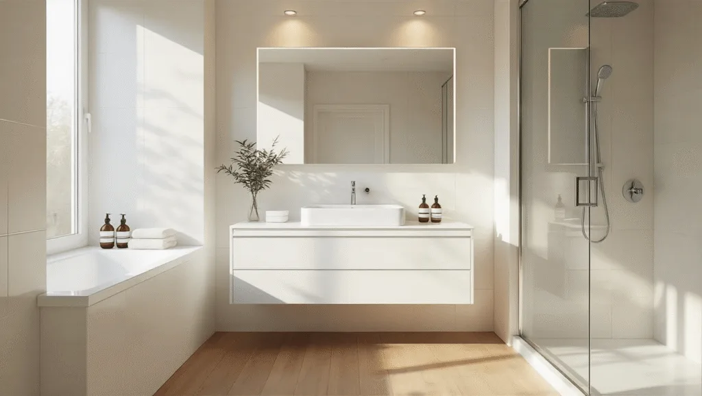"Modern minimalistic small bathroom with white vanity, frameless mirror, glass shower enclosure, porcelain tiles, wooden flooring, and recessed lighting in morning glow"