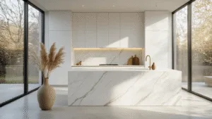 "Minimalist modern kitchen with a large marble island, handleless white cabinets, brass fixtures and floor-to-ceiling windows providing natural morning light"