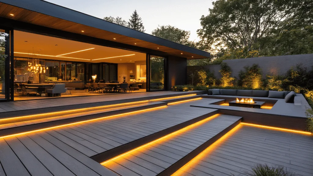 "Modern multi-tiered deck with floating stairs, LED lighting, dining place, sunken conversation pit, and zen garden elements during golden hour"
